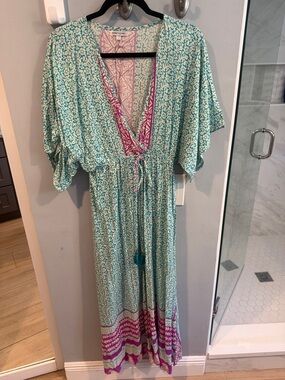 Floral Teal Maxi Dress with Pink Trim and Tie Waist